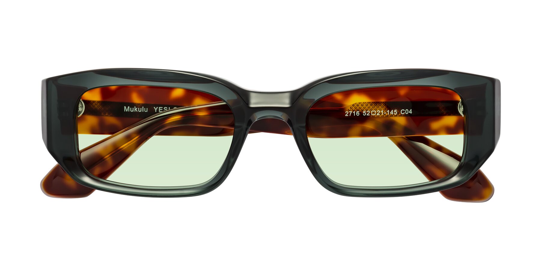 Folded Front of Mukulu in Dark Slate Gray/Tortoise with Light Green Tinted Lenses