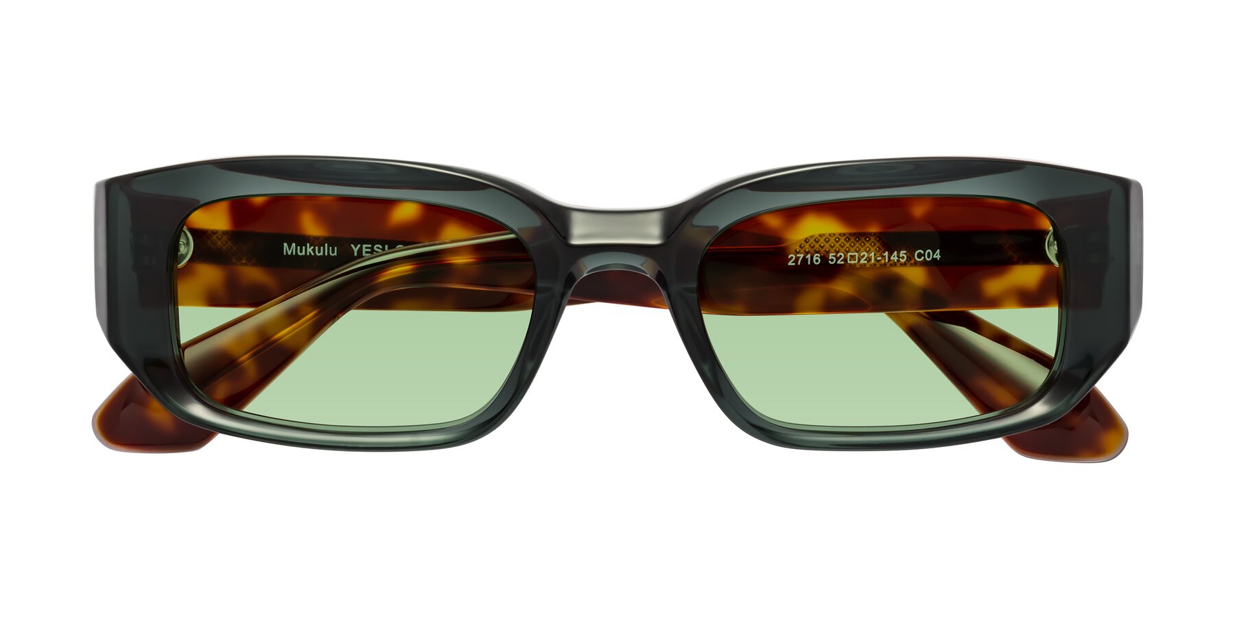 Folded Front of Mukulu in Dark Slate Gray/Tortoise with Medium Green Tinted Lenses