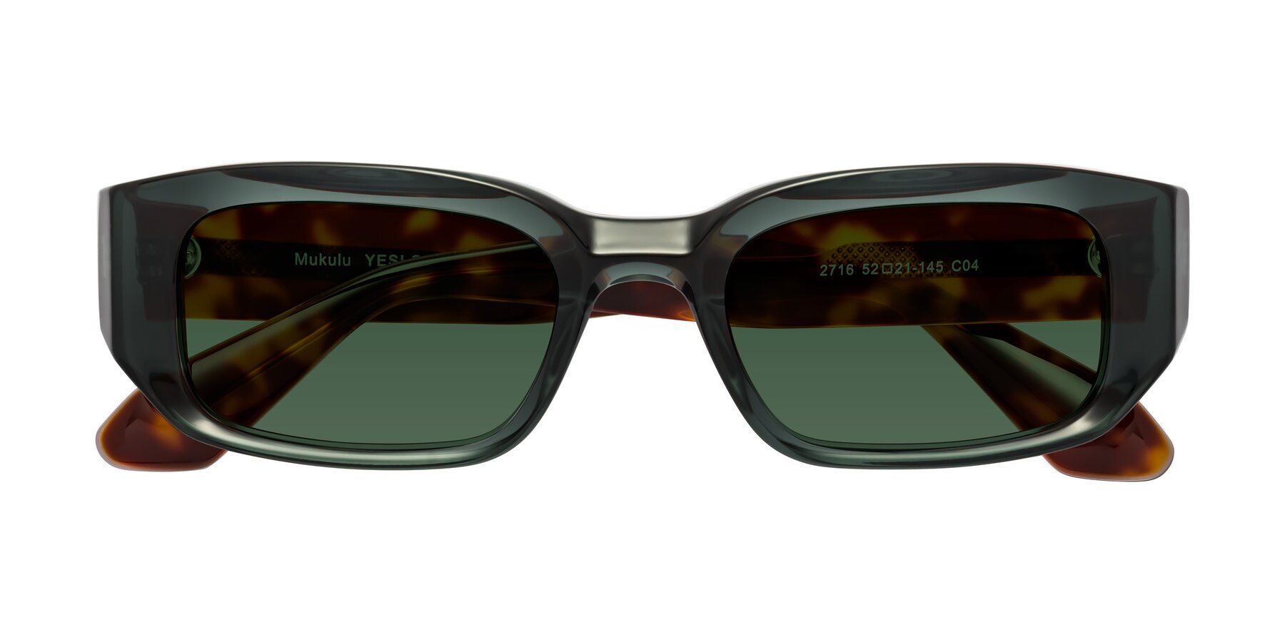 Folded Front of Mukulu in Dark Slate Gray/Tortoise with Green Tinted Lenses