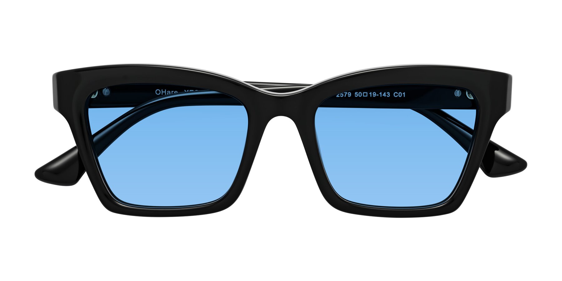 Folded Front of OHare in Black with Medium Blue Tinted Lenses