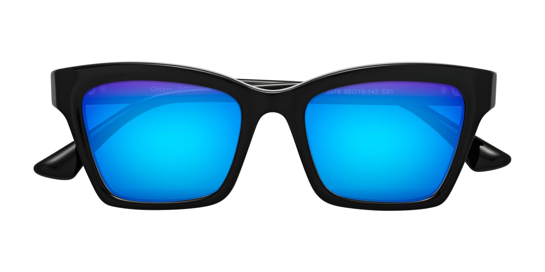 Folded Front of OHare in Black with Blue Mirrored Lenses