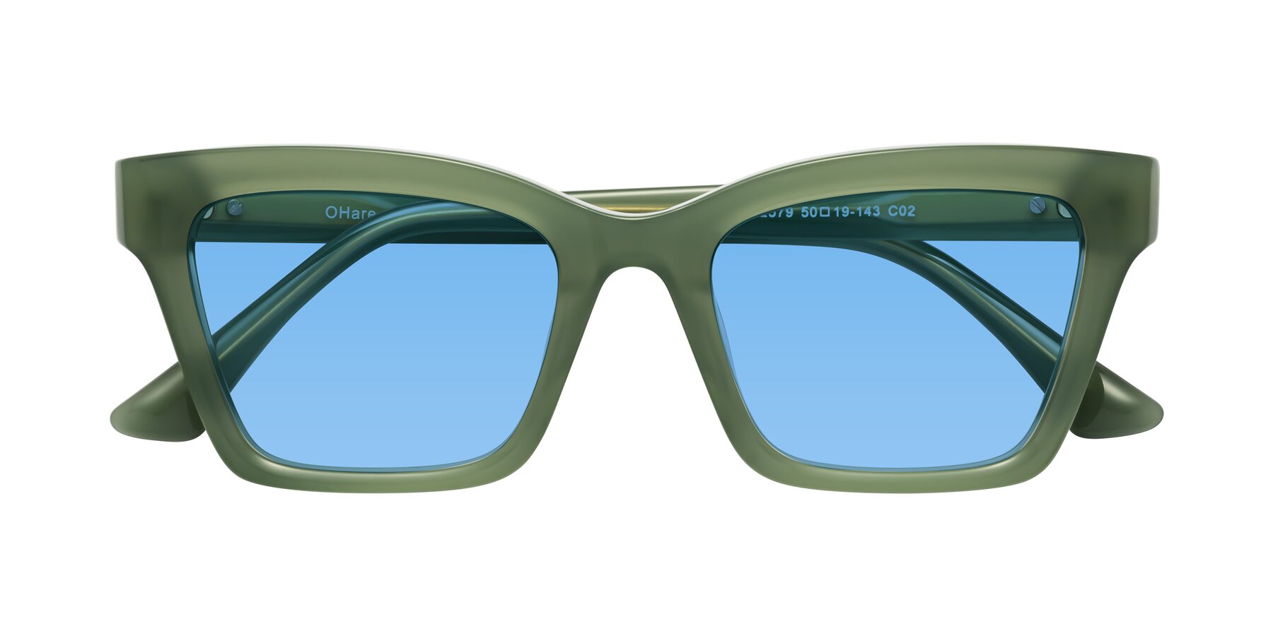 Folded Front of OHare in Sage Green with Medium Blue Tinted Lenses