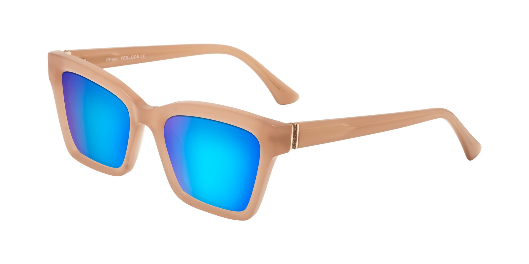 Angle of OHare in Peach with Blue Mirrored Lenses