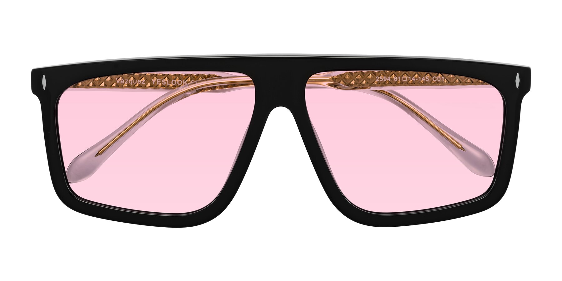Folded Front of Vazquez in Black/Gold with Light Pink Tinted Lenses