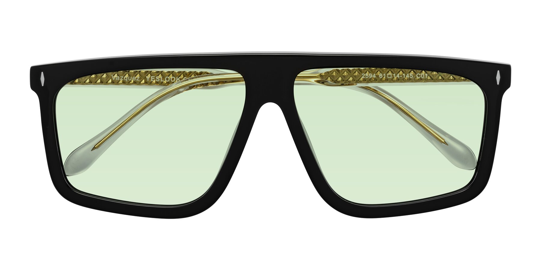 Folded Front of Vazquez in Black/Gold with Light Green Tinted Lenses