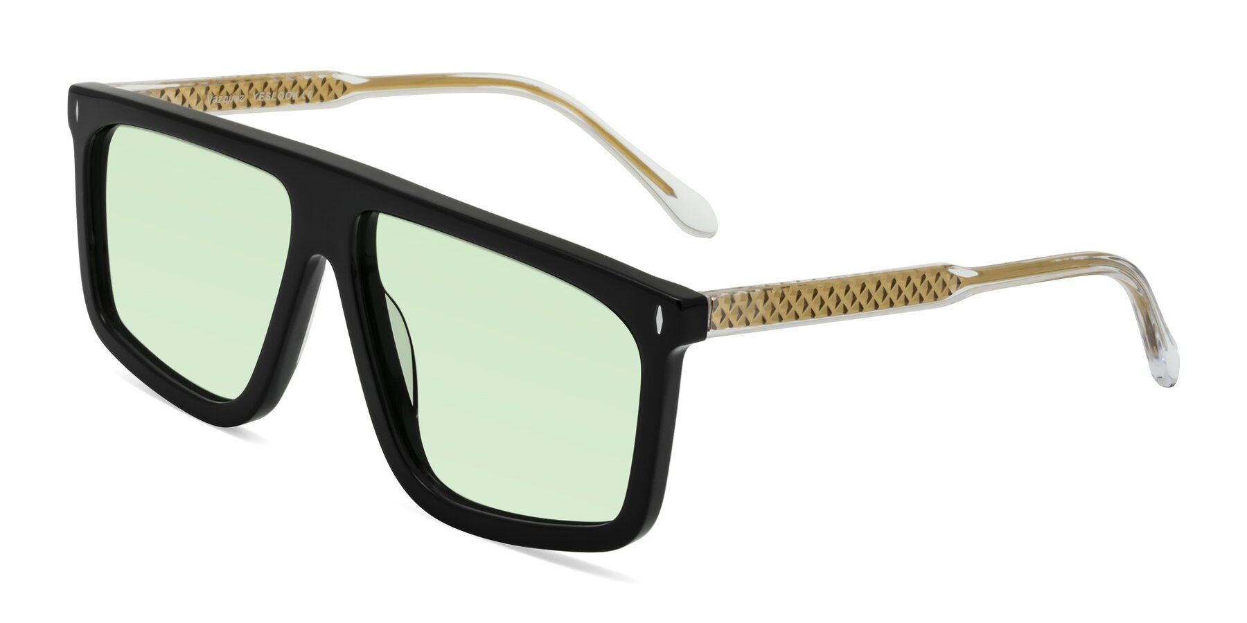 Angle of Vazquez in Black/Gold with Light Green Tinted Lenses