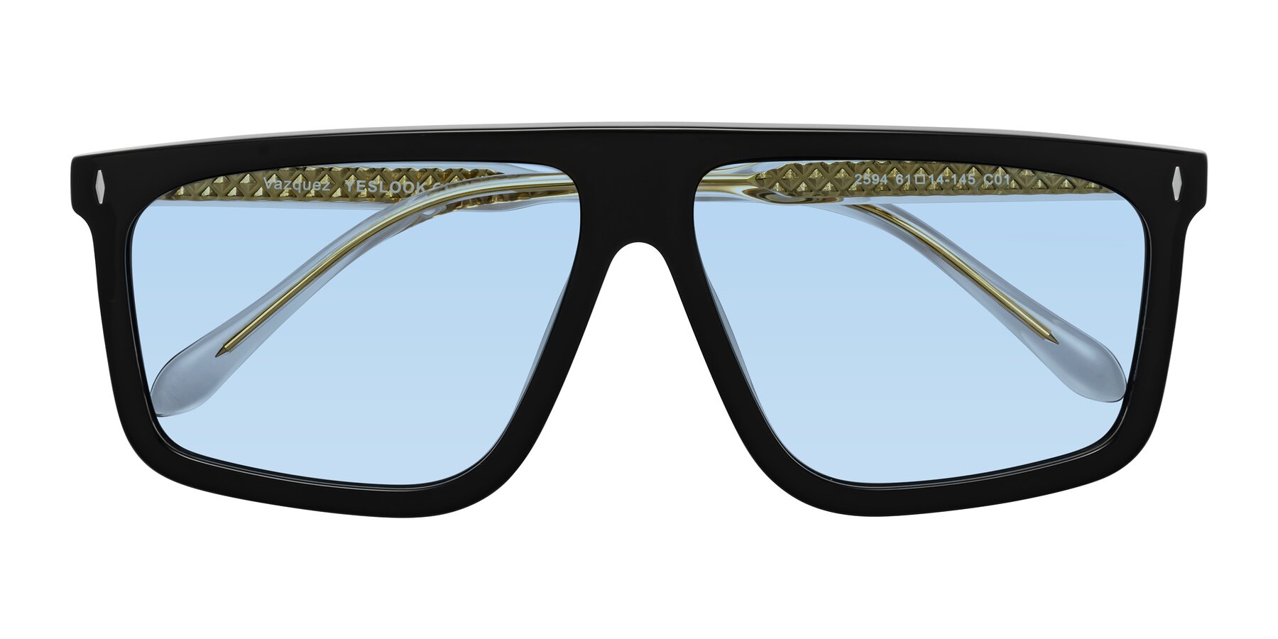 Folded Front of Vazquez in Black/Gold with Light Blue Tinted Lenses