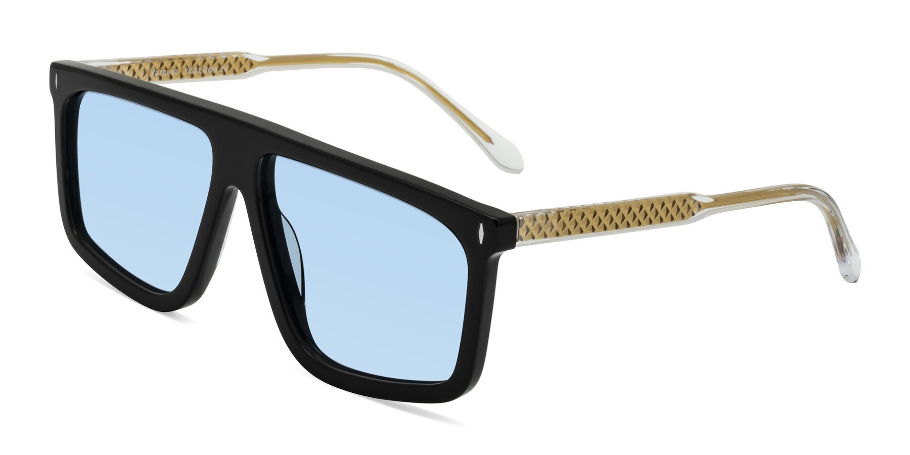 Angle of Vazquez in Black/Gold with Light Blue Tinted Lenses