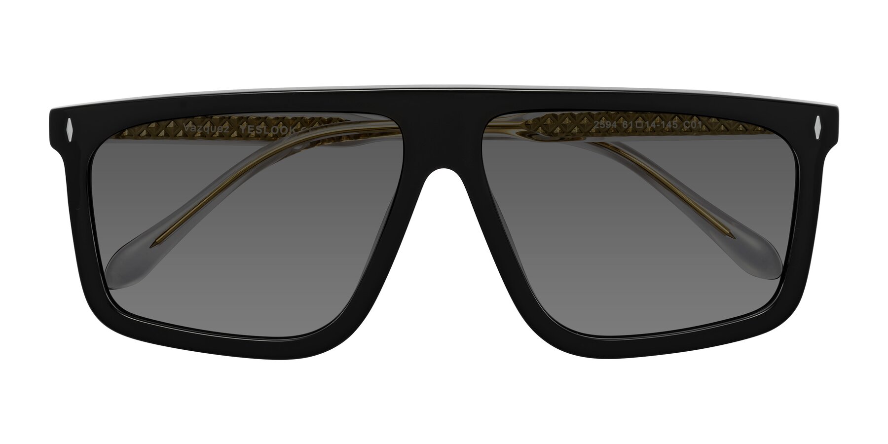 Folded Front of Vazquez in Black/Gold with Medium Gray Tinted Lenses