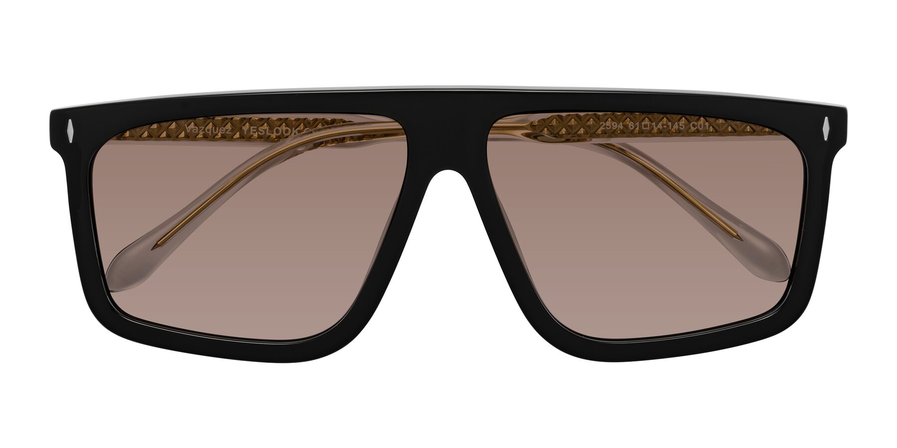 Folded Front of Vazquez in Black/Gold with Medium Brown Tinted Lenses