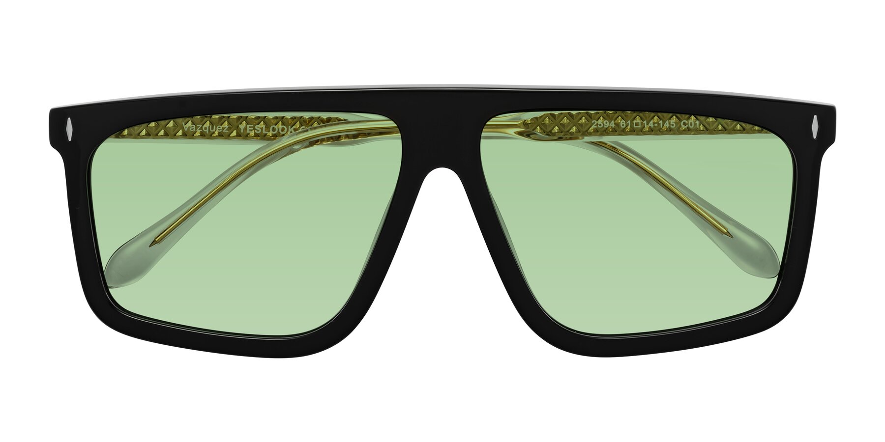 Folded Front of Vazquez in Black/Gold with Medium Green Tinted Lenses
