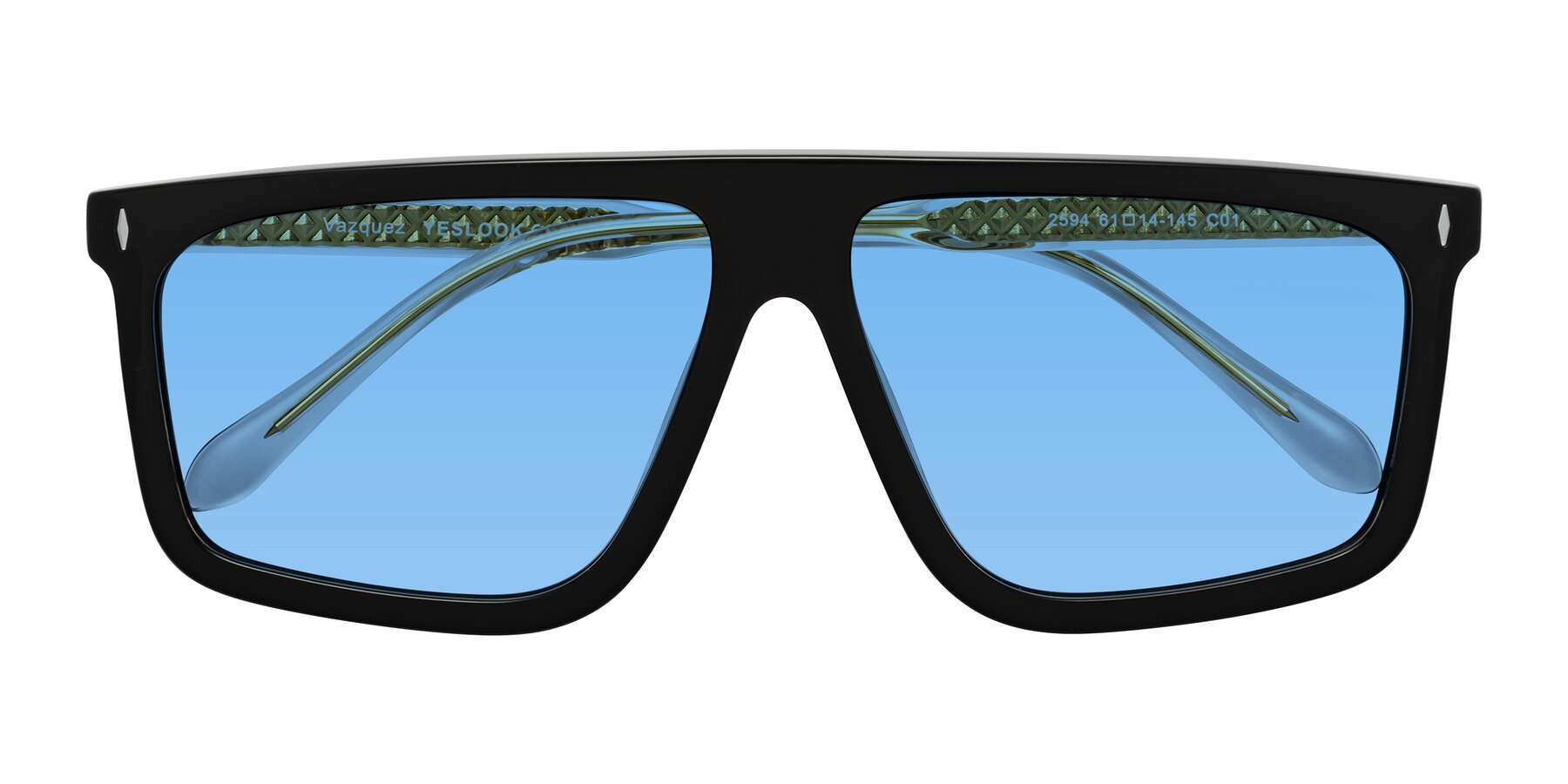 Folded Front of Vazquez in Black/Gold with Medium Blue Tinted Lenses