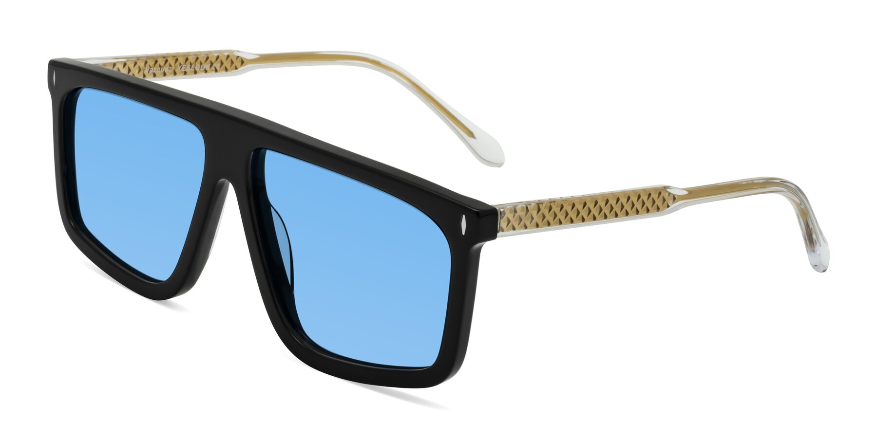 Angle of Vazquez in Black/Gold with Medium Blue Tinted Lenses
