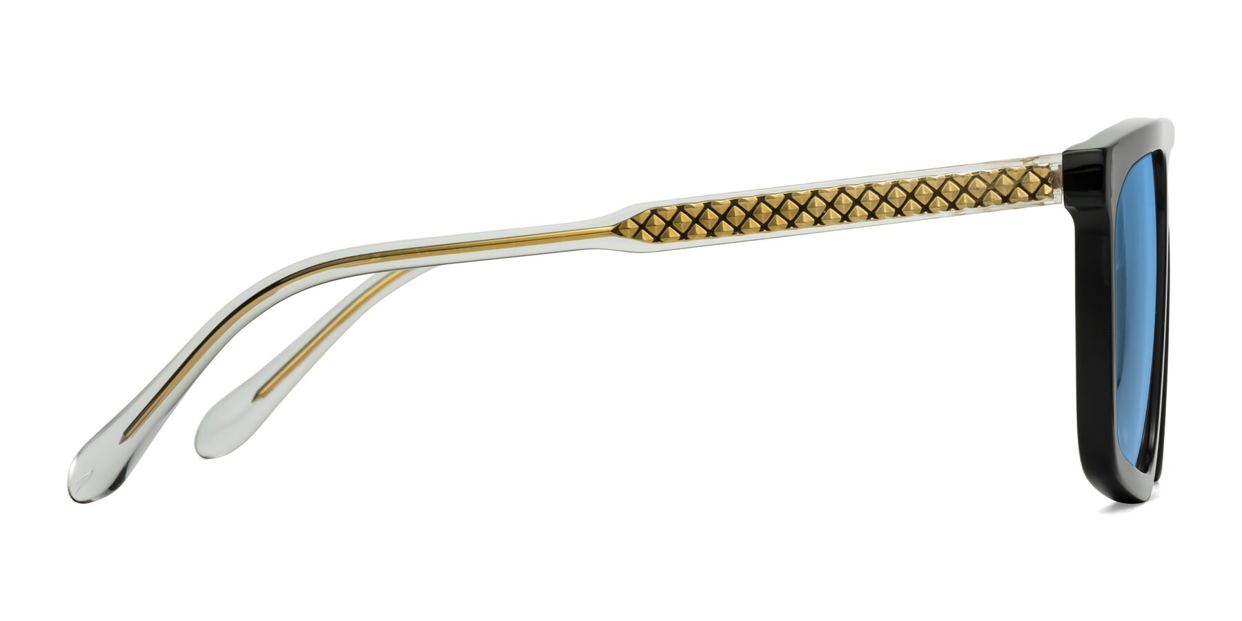 Side of Vazquez in Black/Gold with Medium Blue Tinted Lenses