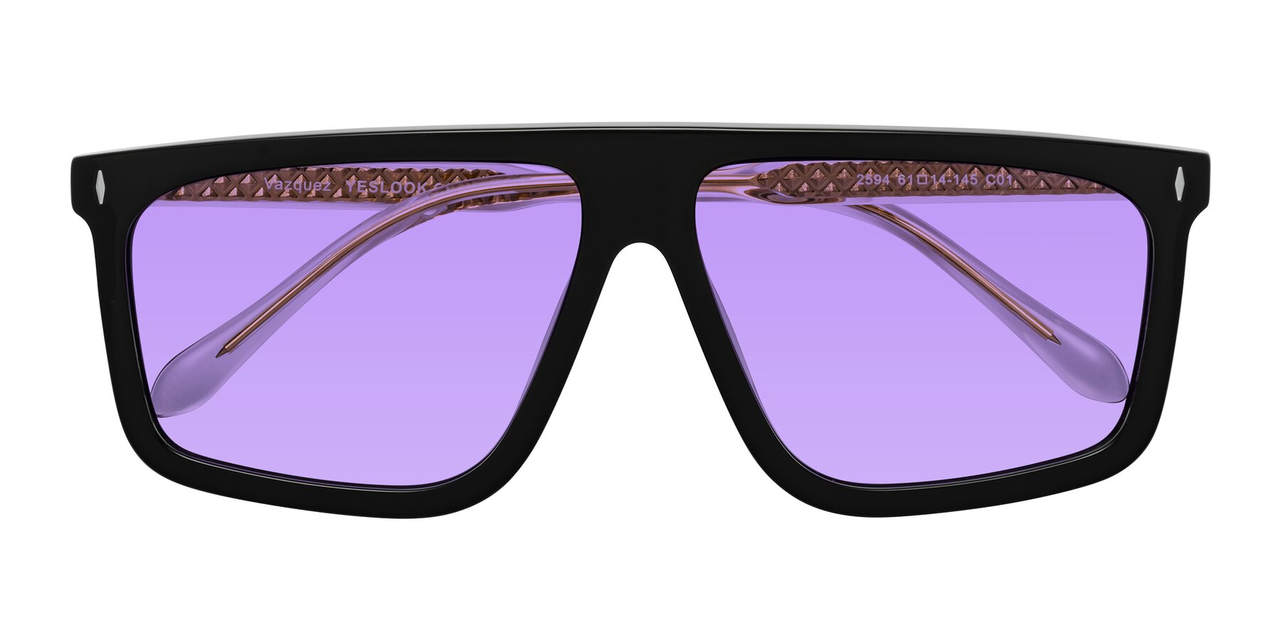Folded Front of Vazquez in Black/Gold with Medium Purple Tinted Lenses