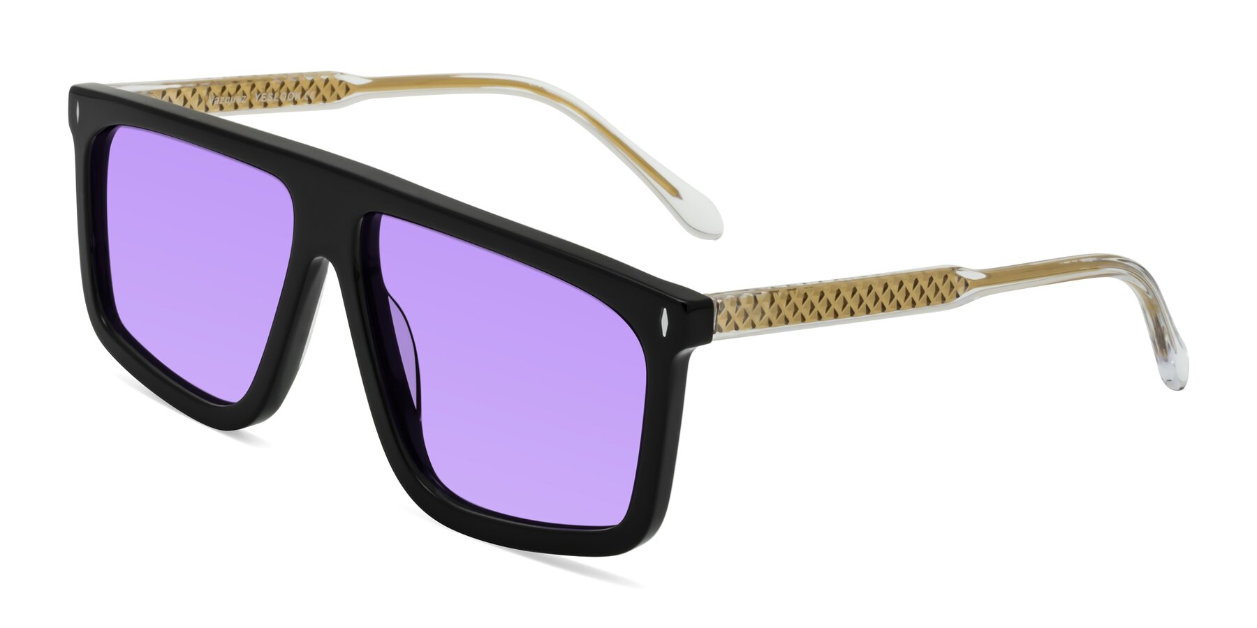 Angle of Vazquez in Black/Gold with Medium Purple Tinted Lenses