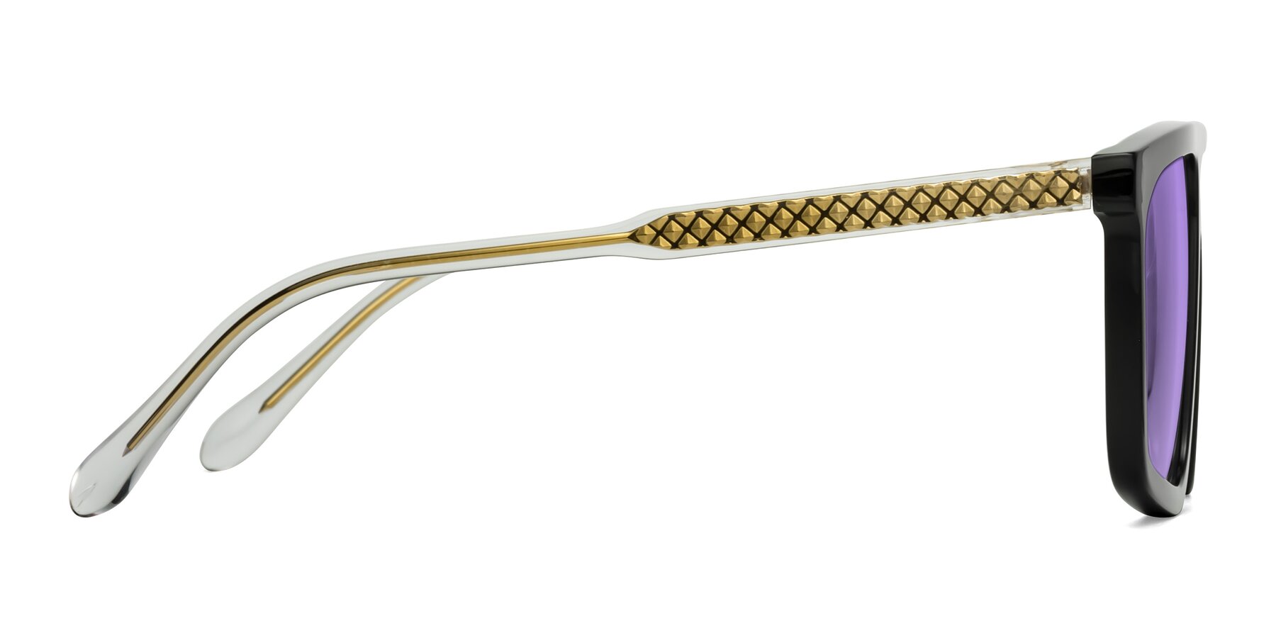Side of Vazquez in Black/Gold with Medium Purple Tinted Lenses
