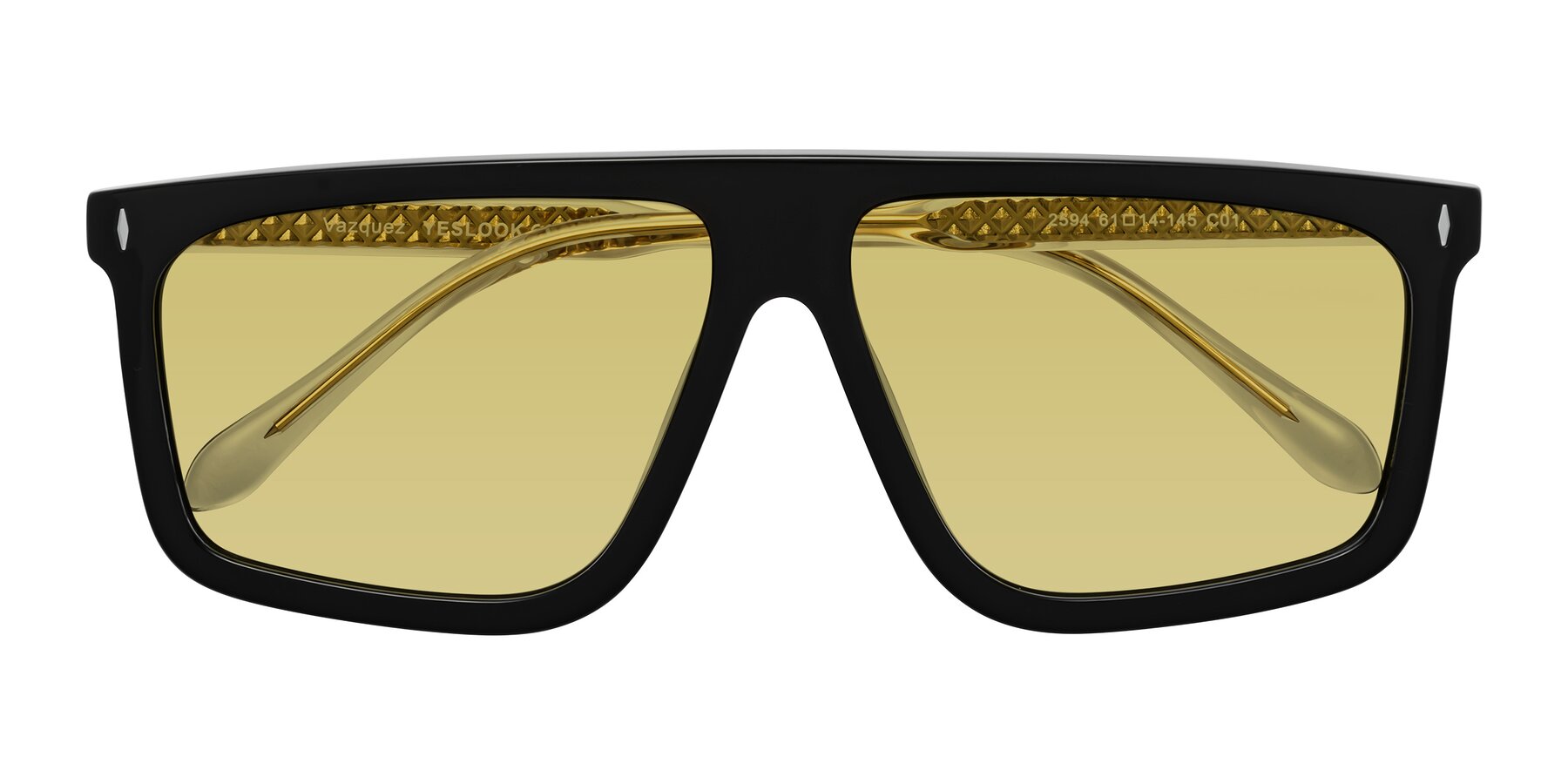 Folded Front of Vazquez in Black/Gold with Medium Champagne Tinted Lenses
