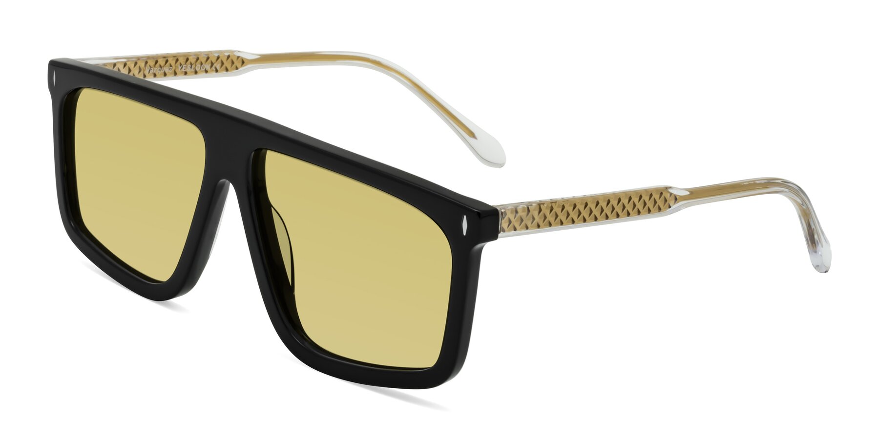 Angle of Vazquez in Black/Gold with Medium Champagne Tinted Lenses