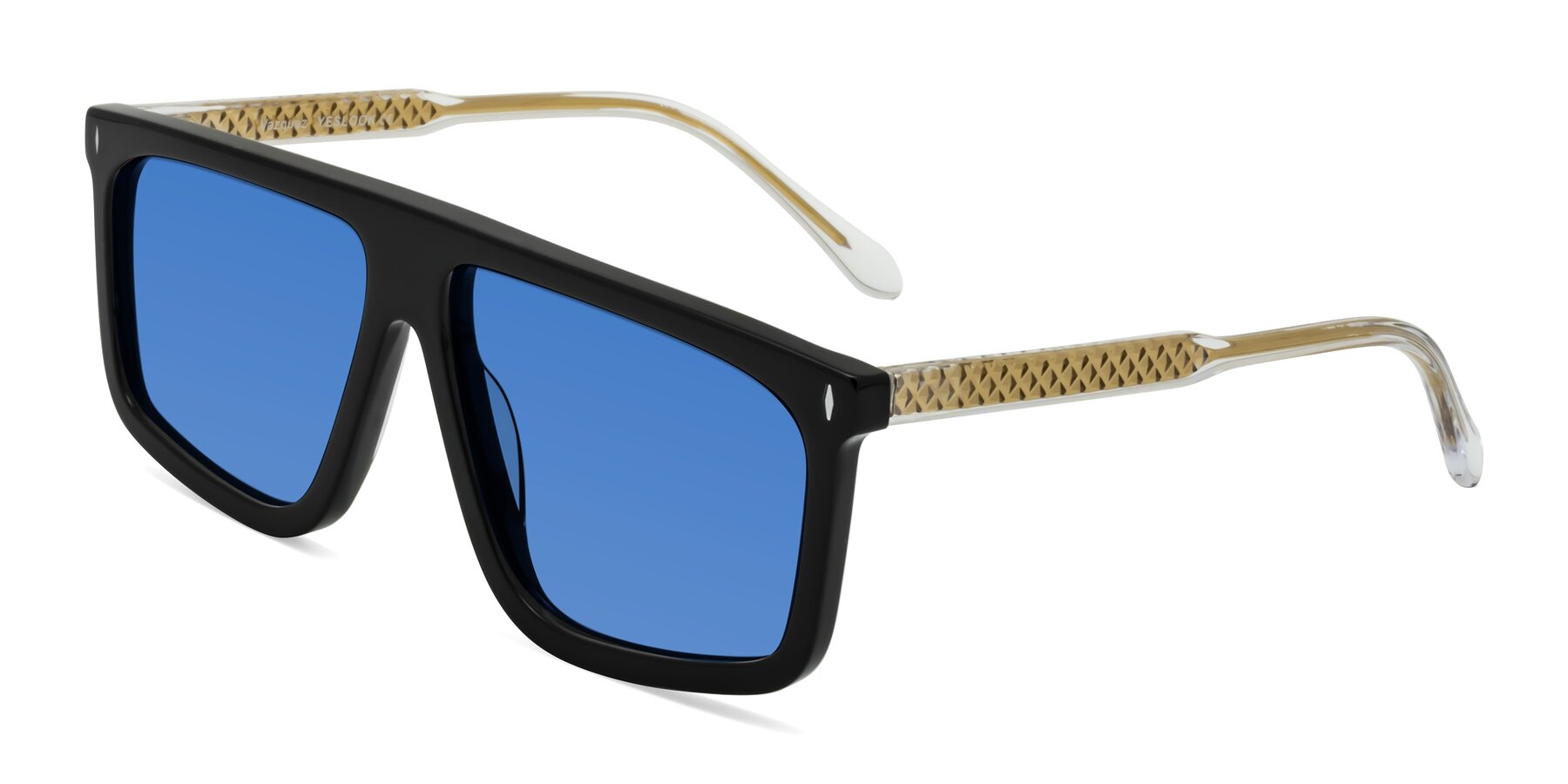 Angle of Vazquez in Black/Gold with Blue Tinted Lenses