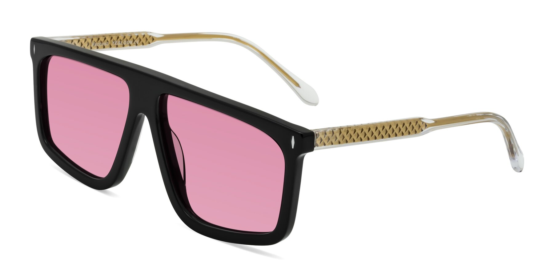 Angle of Vazquez in Black/Gold with Medium Wine Tinted Lenses