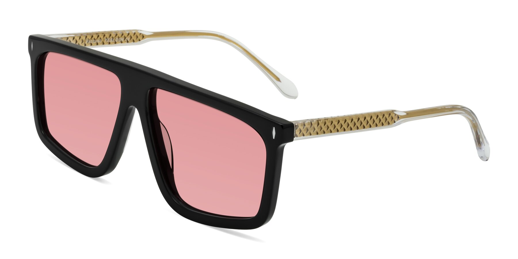 Angle of Vazquez in Black/Gold with Medium Garnet Tinted Lenses