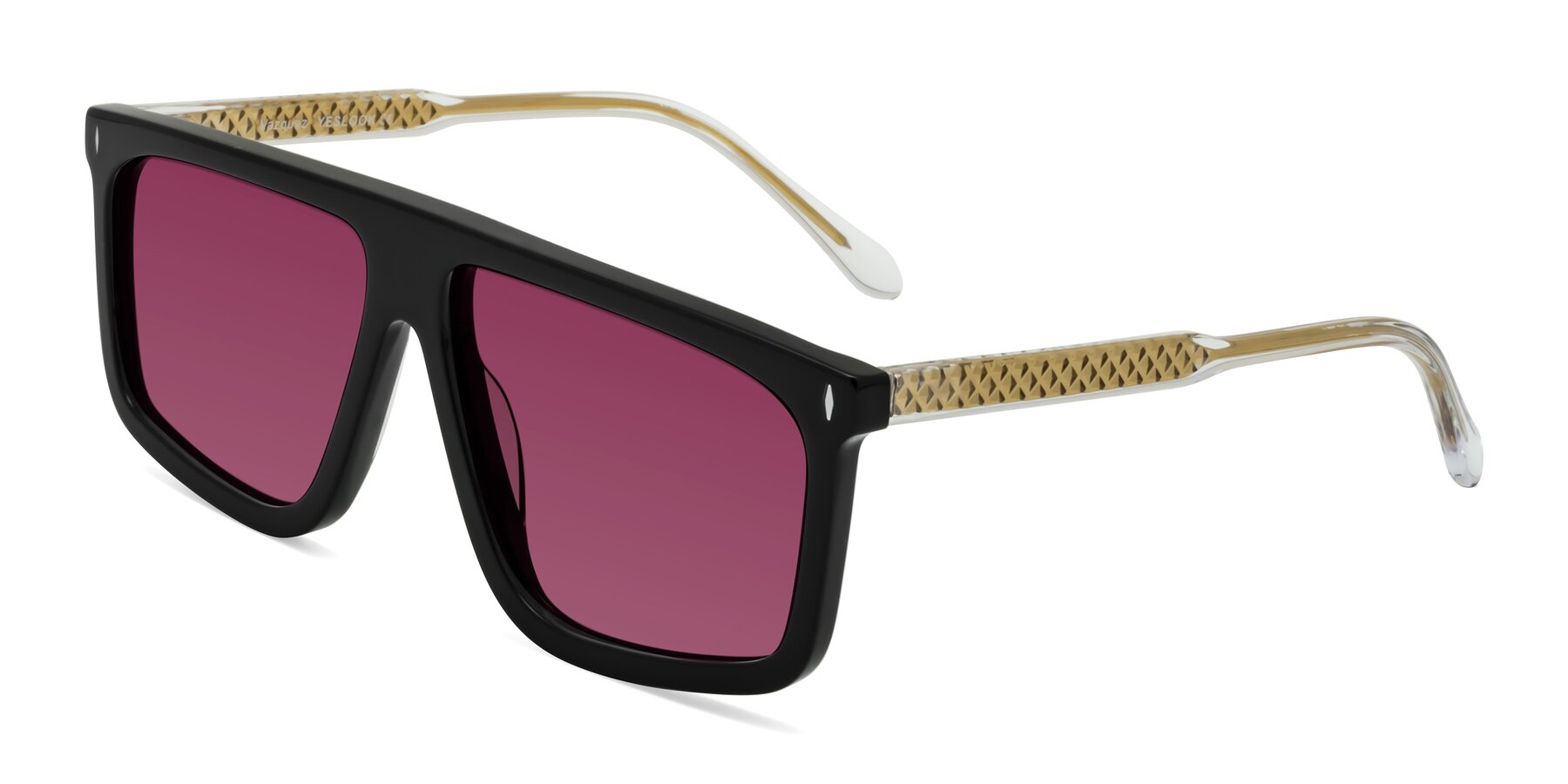 Angle of Vazquez in Black/Gold with Wine Tinted Lenses