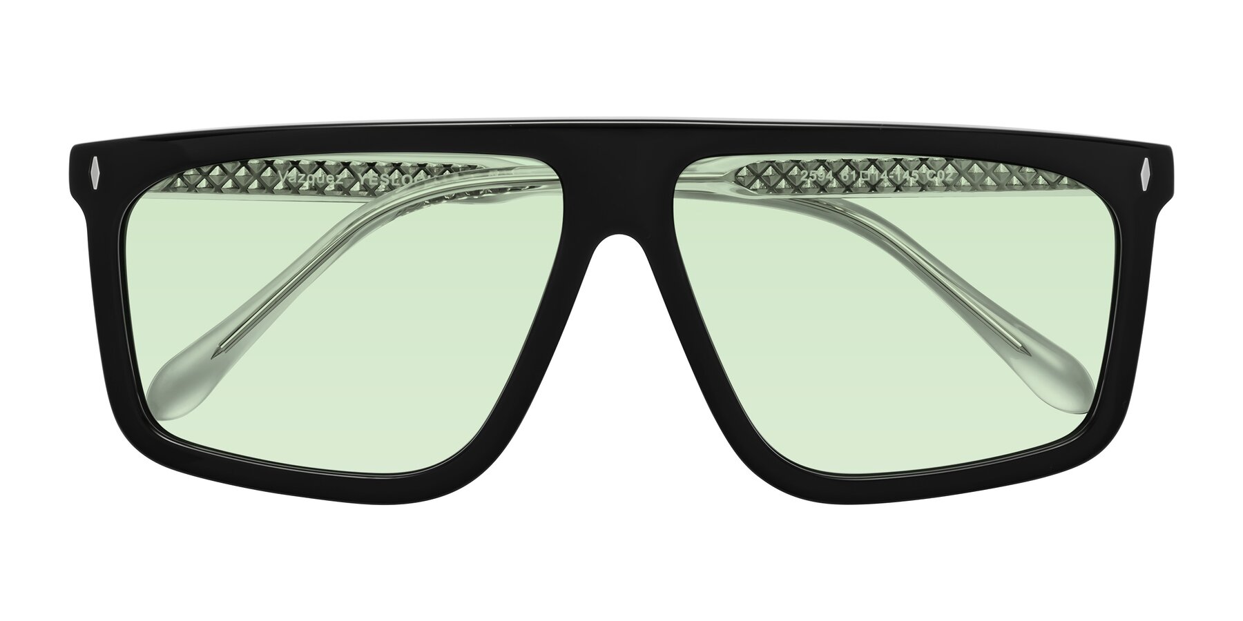 Folded Front of Vazquez in Black/Silver with Light Green Tinted Lenses
