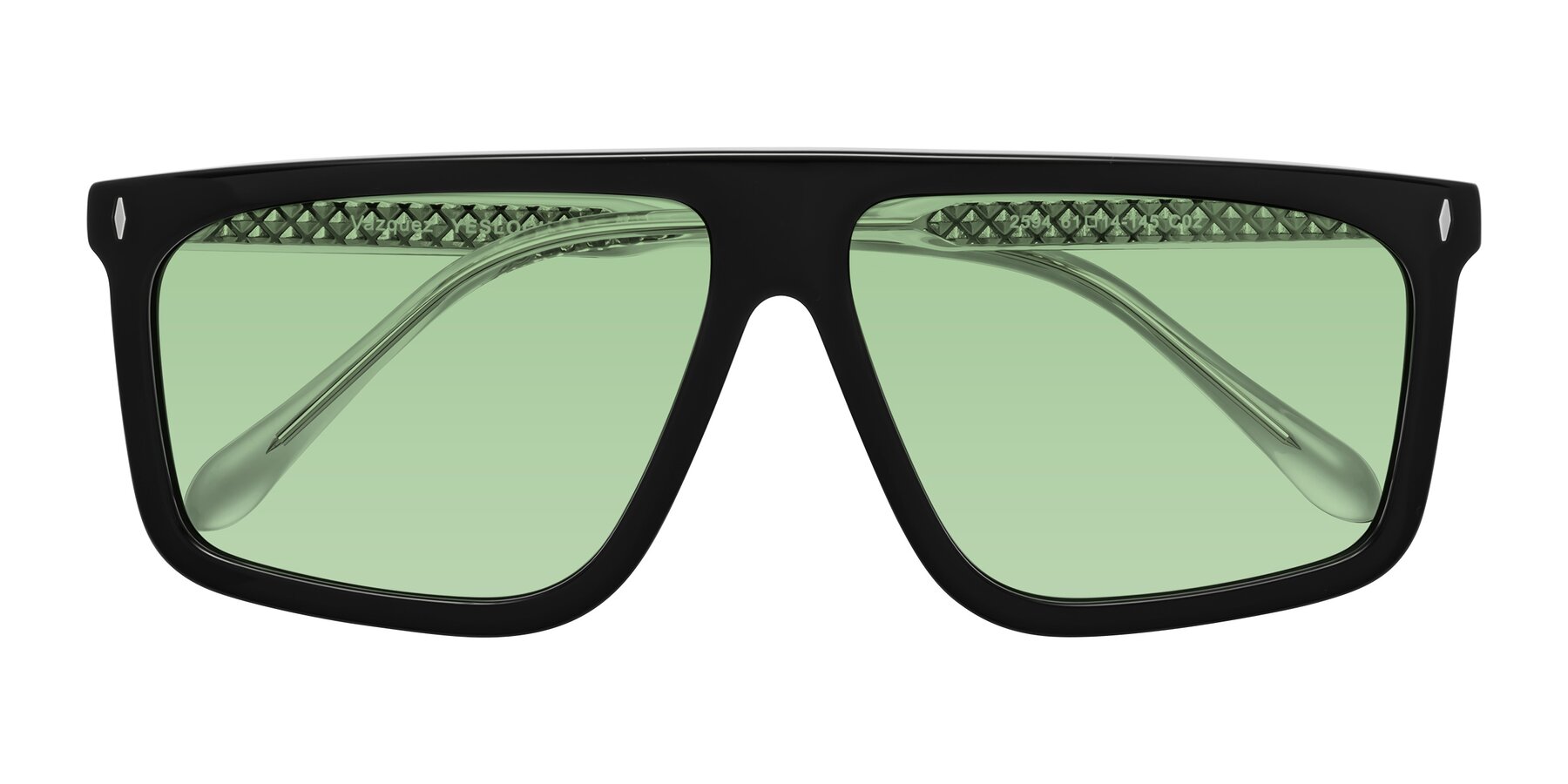 Folded Front of Vazquez in Black/Silver with Medium Green Tinted Lenses