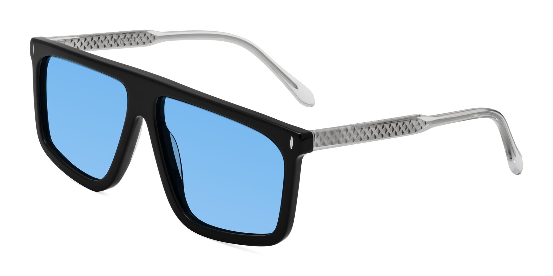 Angle of Vazquez in Black/Silver with Medium Blue Tinted Lenses