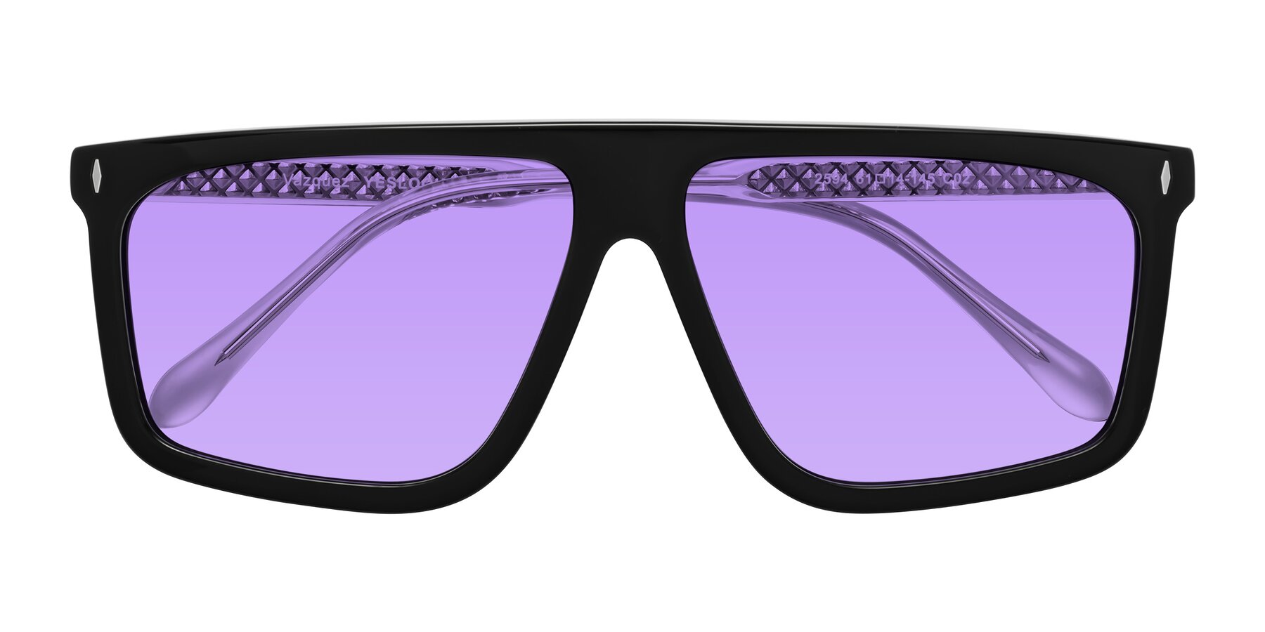 Folded Front of Vazquez in Black/Silver with Medium Purple Tinted Lenses