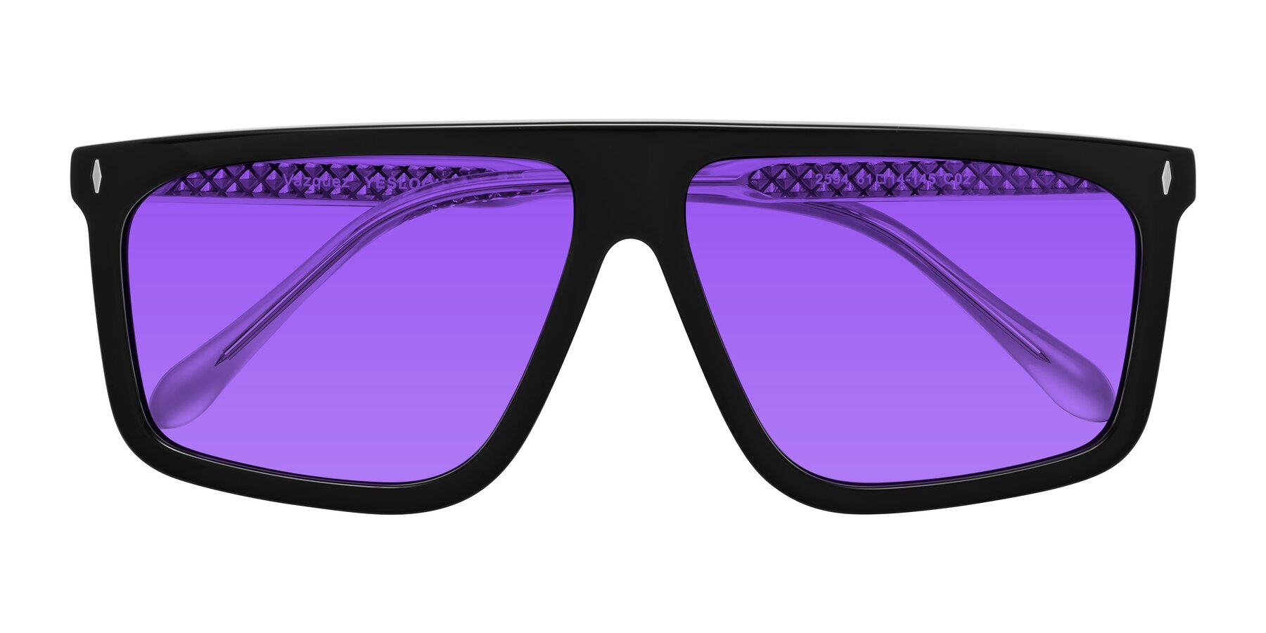 Folded Front of Vazquez in Black/Silver with Purple Tinted Lenses