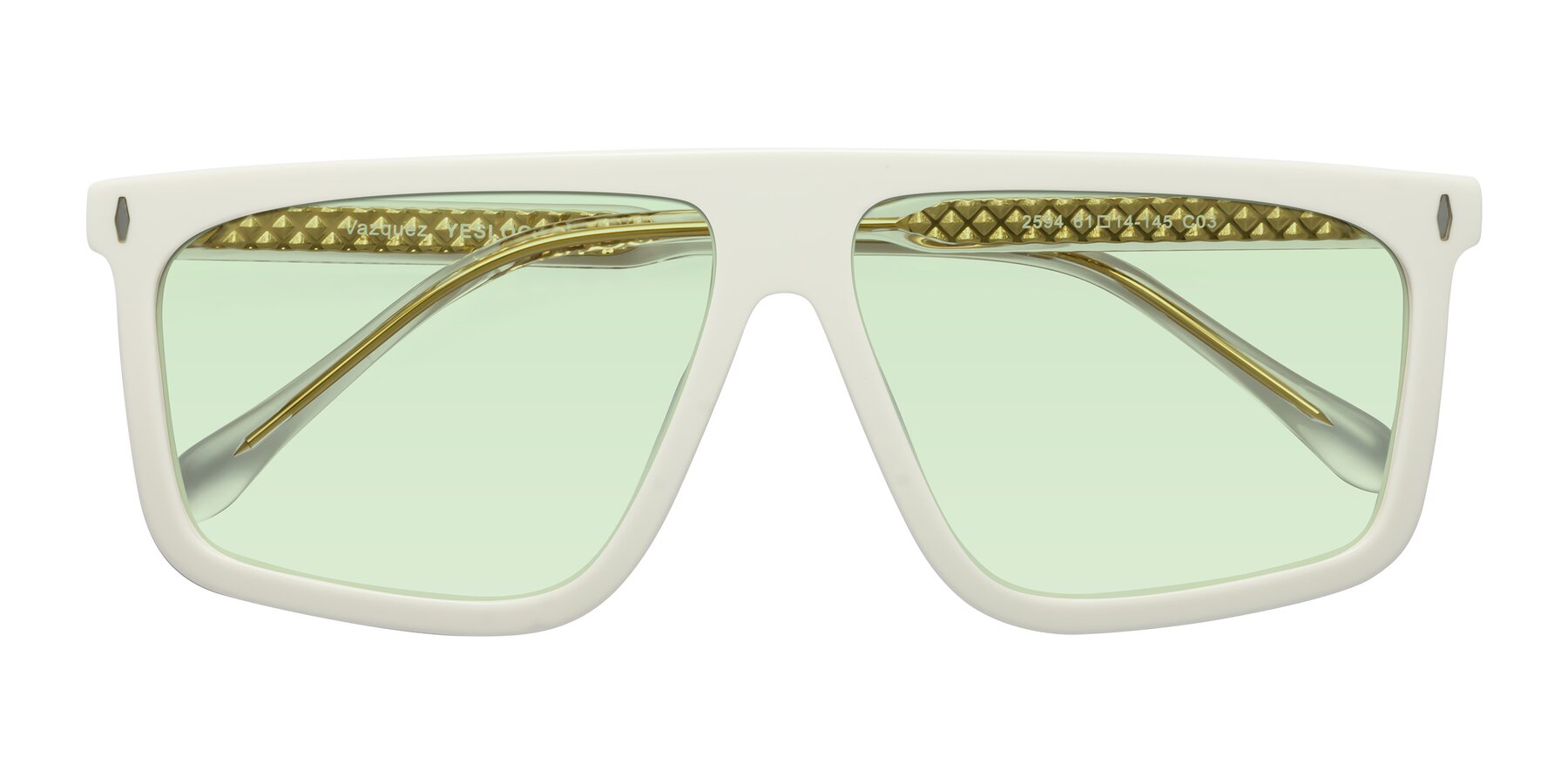 Folded Front of Vazquez in White/Gold with Light Green Tinted Lenses