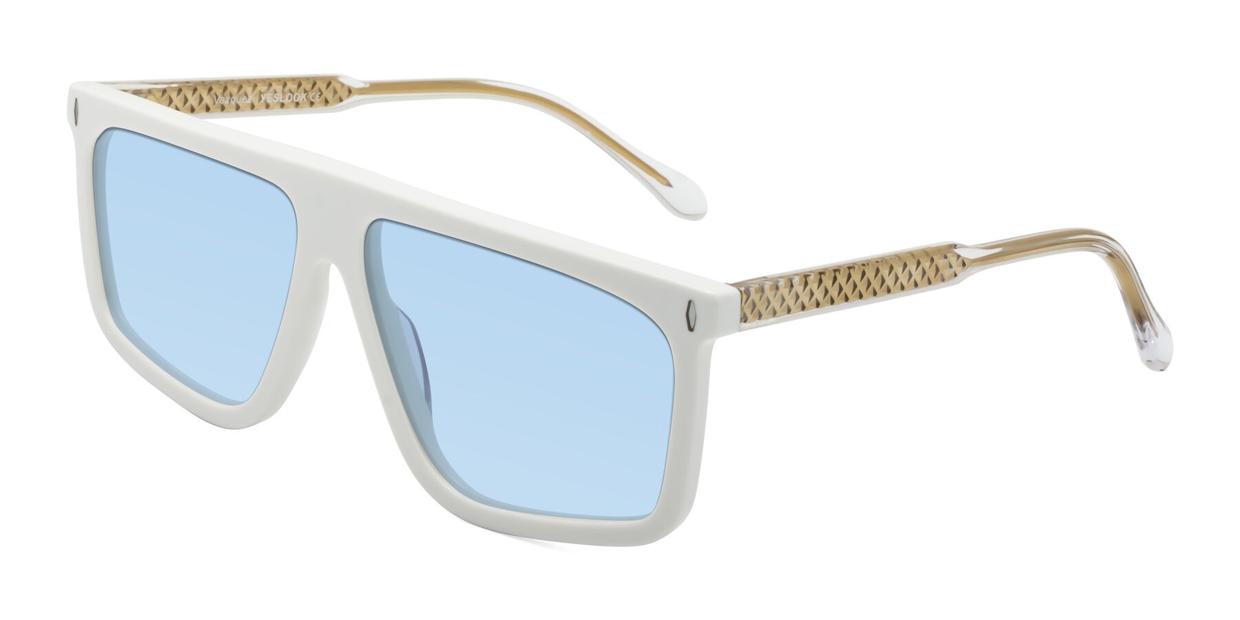 Angle of Vazquez in White/Gold with Light Blue Tinted Lenses