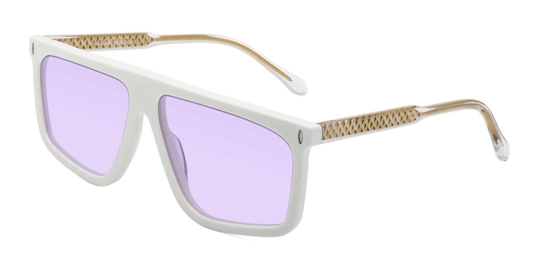 Angle of Vazquez in White/Gold with Light Purple Tinted Lenses