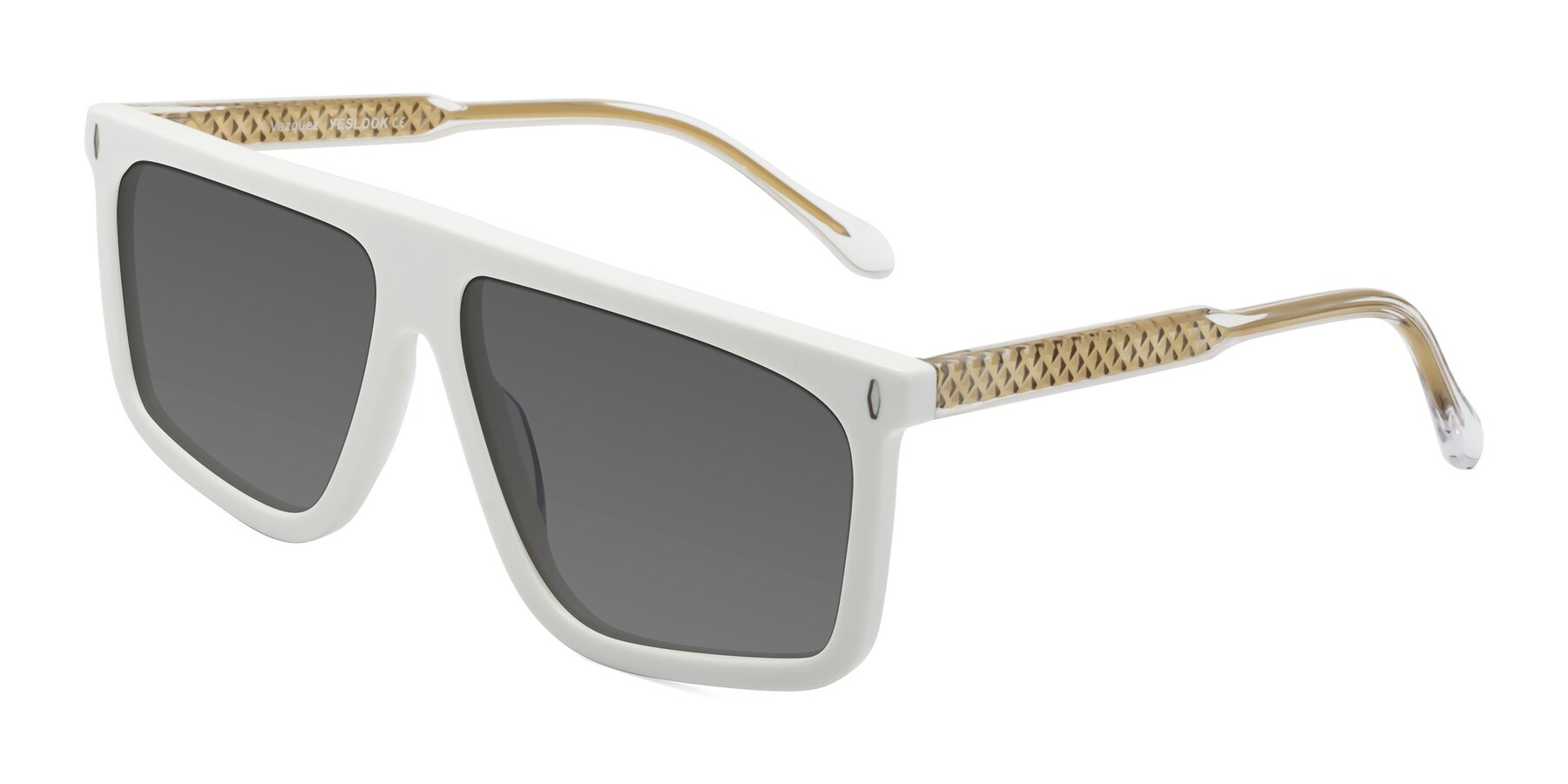 Angle of Vazquez in White/Gold with Medium Gray Tinted Lenses