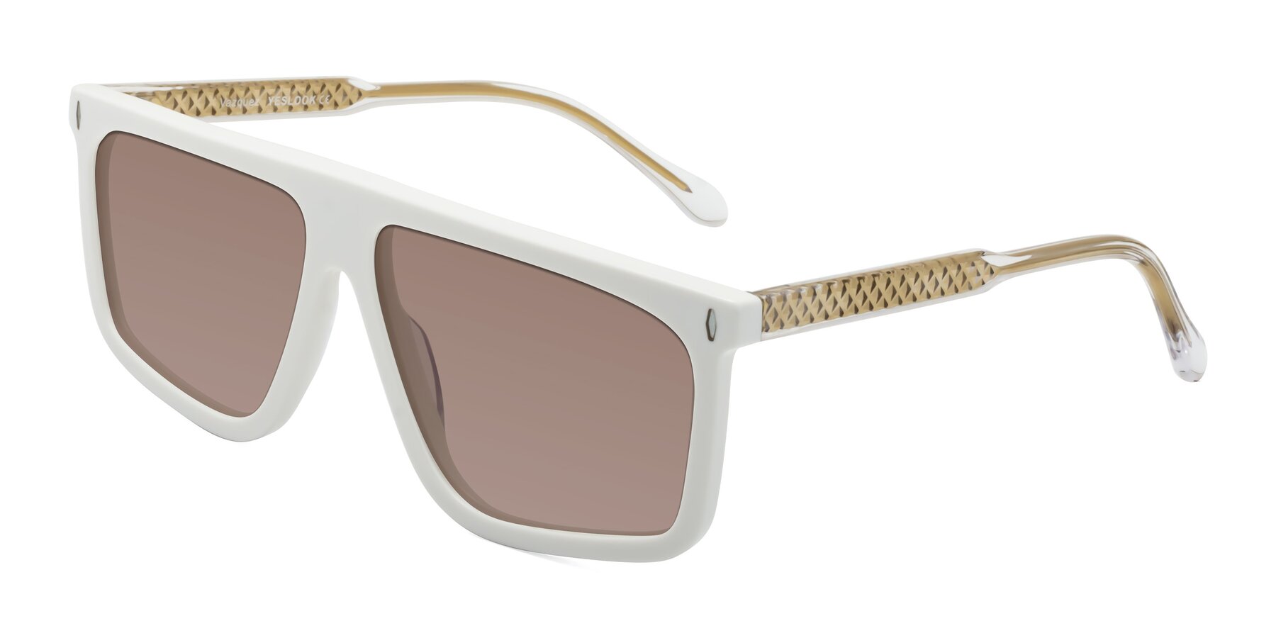 Angle of Vazquez in White/Gold with Medium Brown Tinted Lenses