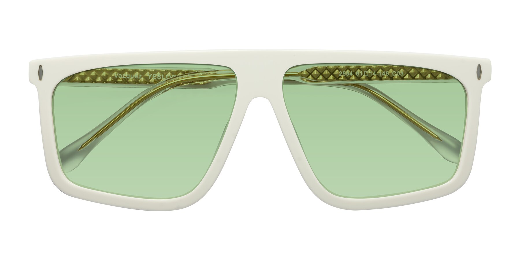 Folded Front of Vazquez in White/Gold with Medium Green Tinted Lenses