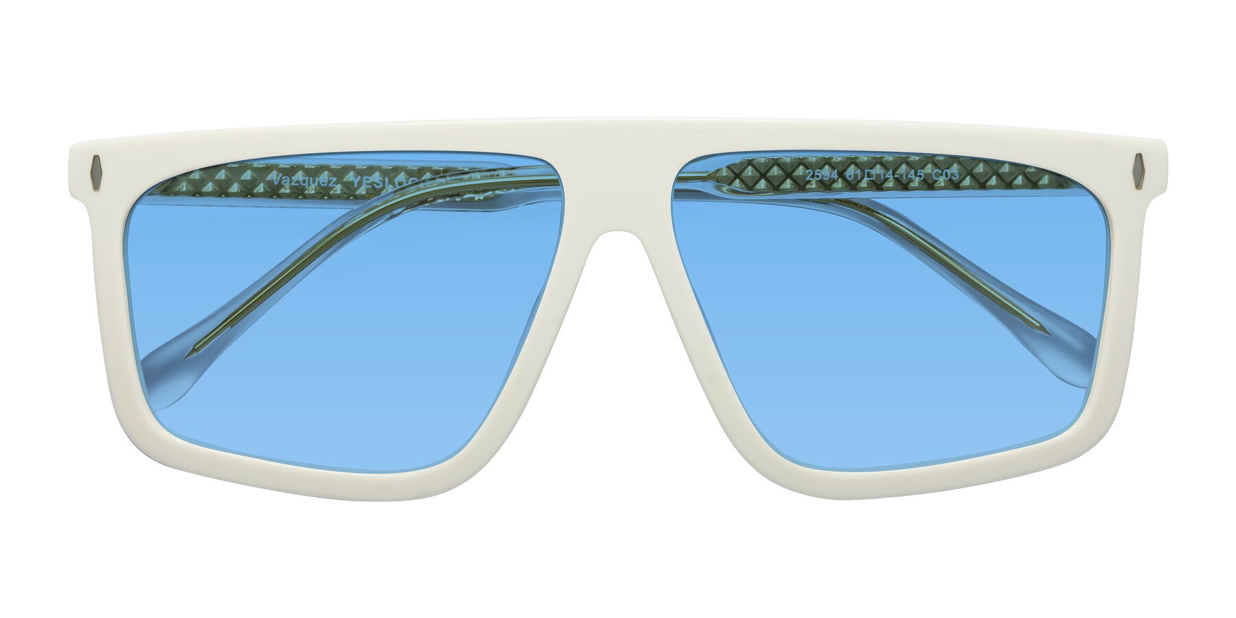 Folded Front of Vazquez in White/Gold with Medium Blue Tinted Lenses
