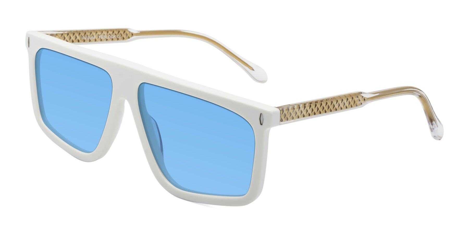 Angle of Vazquez in White/Gold with Medium Blue Tinted Lenses