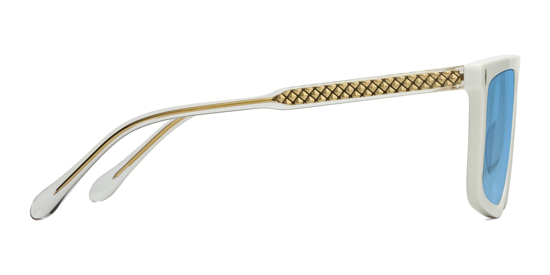 Side of Vazquez in White/Gold with Medium Blue Tinted Lenses