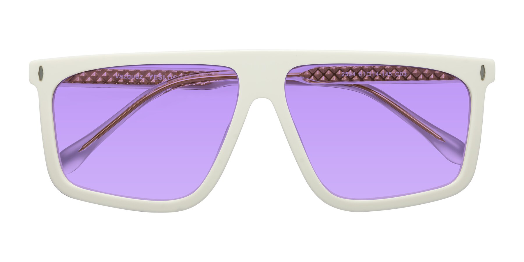 Folded Front of Vazquez in White/Gold with Medium Purple Tinted Lenses