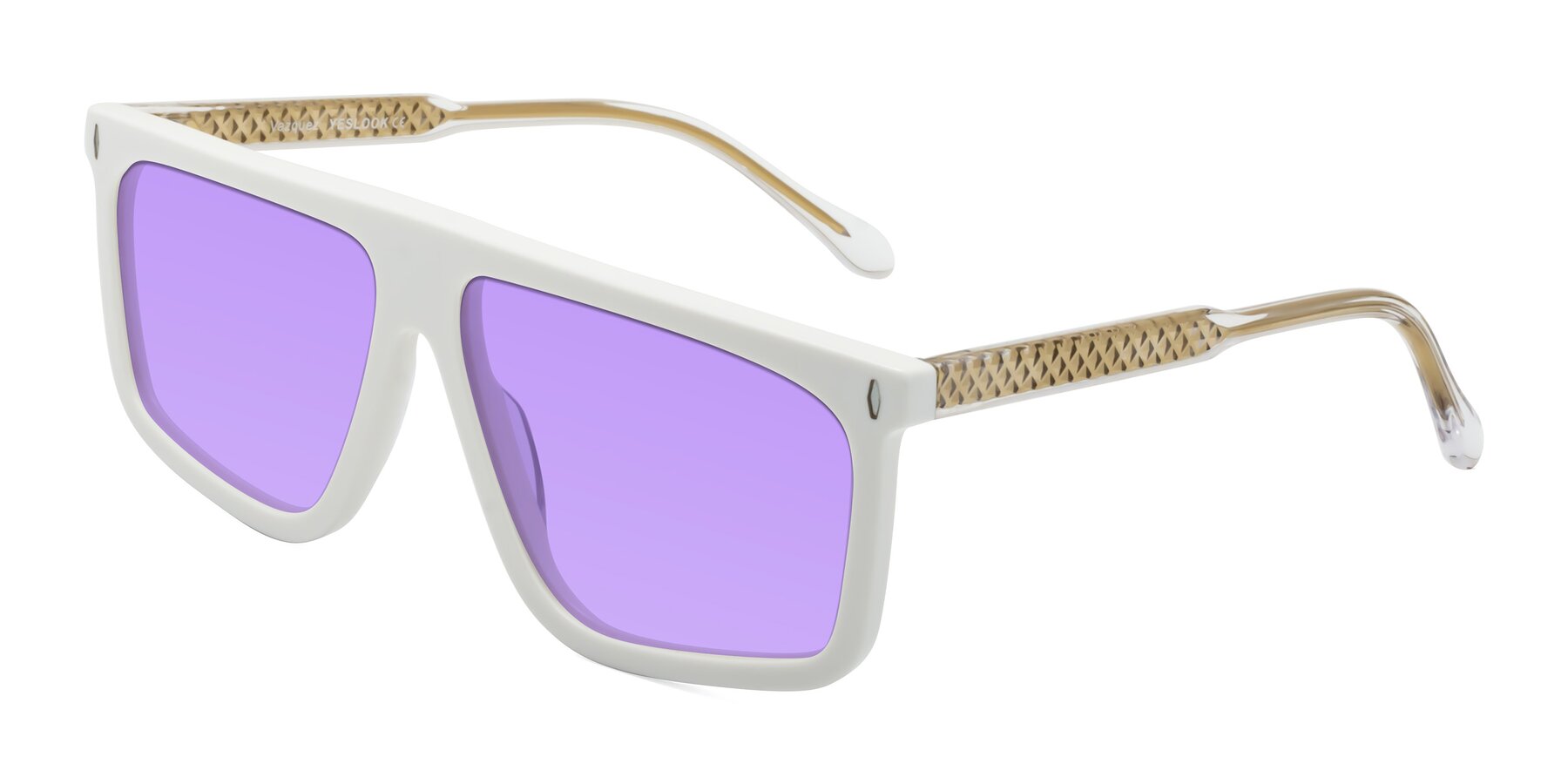 Angle of Vazquez in White/Gold with Medium Purple Tinted Lenses