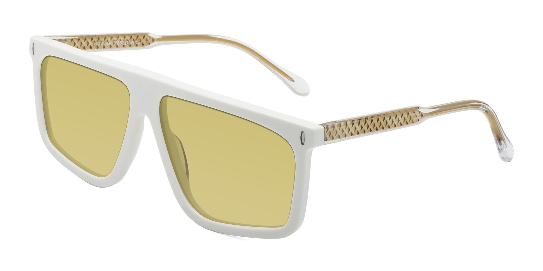 Angle of Vazquez in White/Gold with Medium Champagne Tinted Lenses