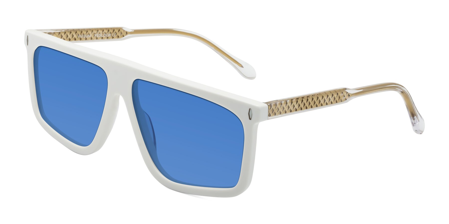 Angle of Vazquez in White/Gold with Blue Tinted Lenses