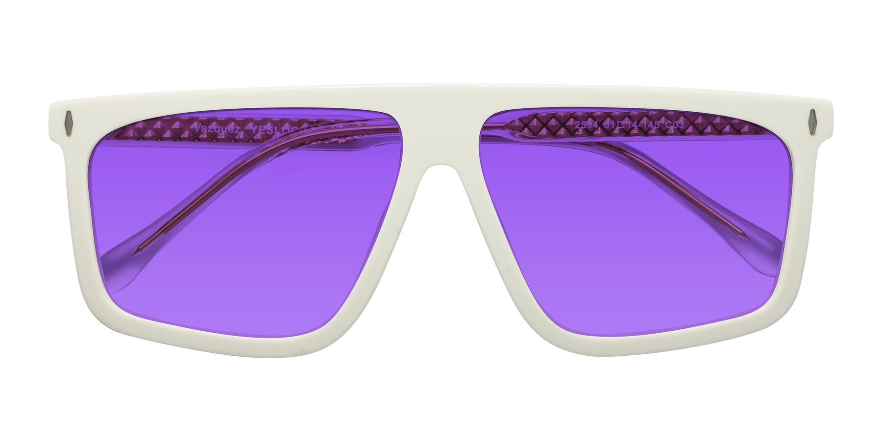 Folded Front of Vazquez in White/Gold with Purple Tinted Lenses