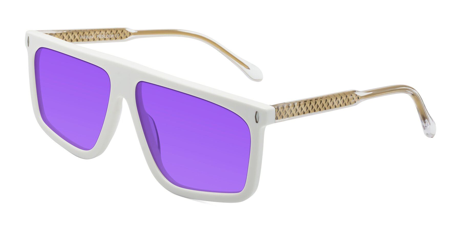 Angle of Vazquez in White/Gold with Purple Tinted Lenses
