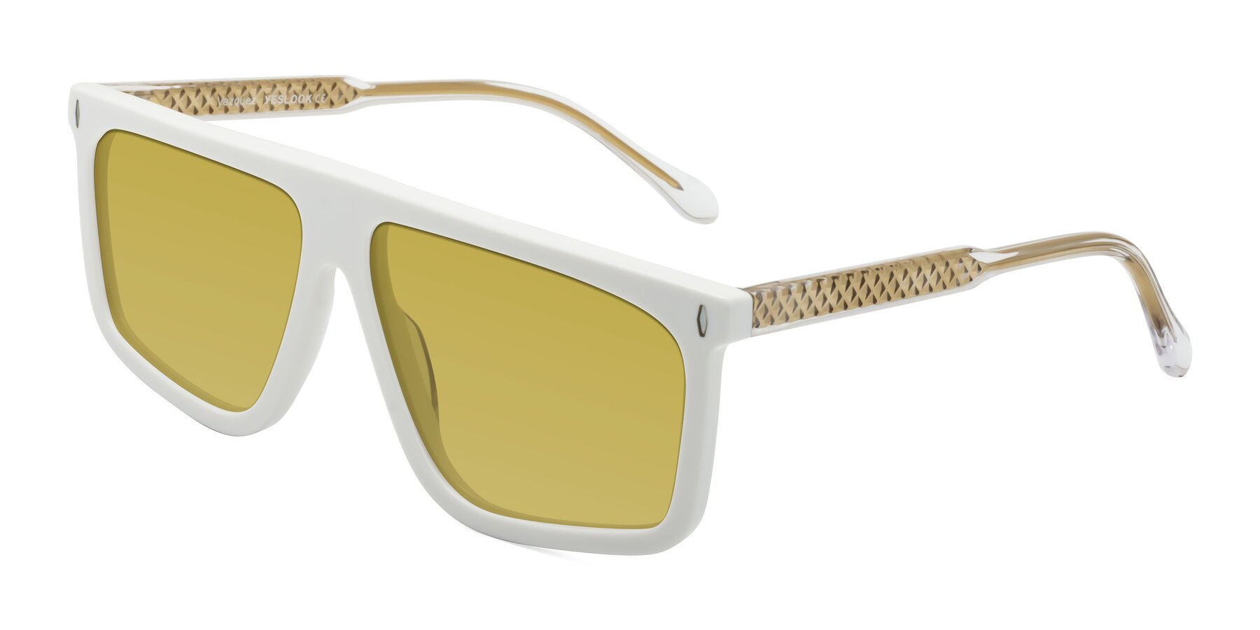 Angle of Vazquez in White/Gold with Champagne Tinted Lenses