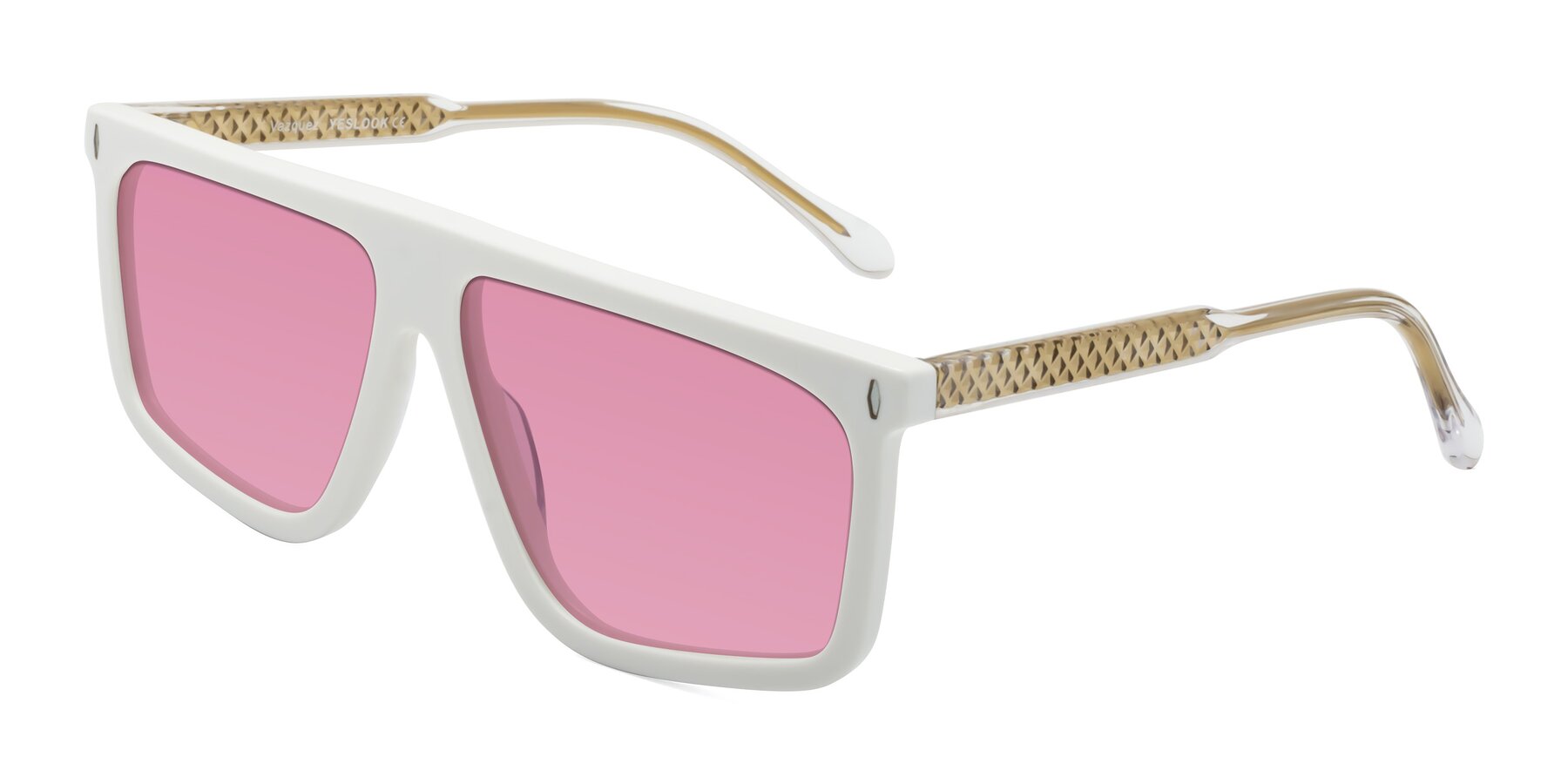 Angle of Vazquez in White/Gold with Medium Wine Tinted Lenses