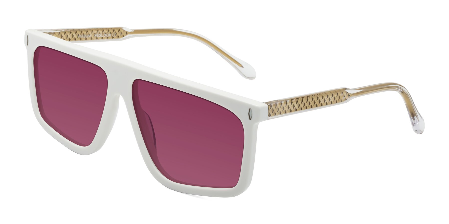 Angle of Vazquez in White/Gold with Wine Tinted Lenses